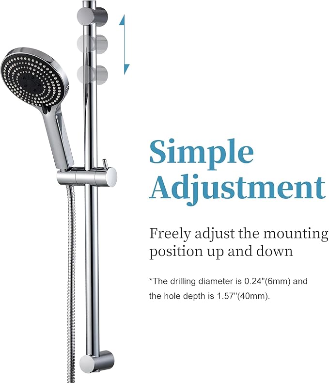 OFFO Shower Slide Bar Combo, Adjustable 27 in Slide Bar with 6-Mode High Pressure Handheld Shower Head and 60 in Stainless Steel Hose, Screw Wall Mounted, Chrome