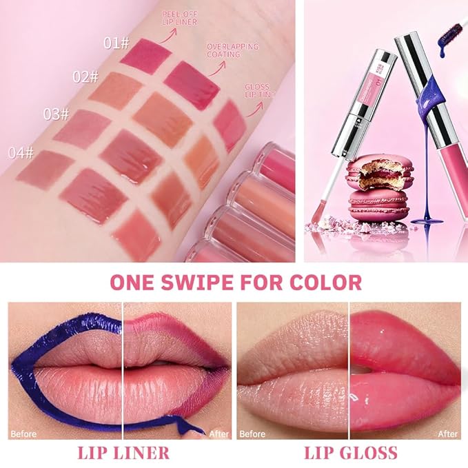 Peel Off Lip Liner & Gloss–Long-Lasting Smudge-Proof Rose Pink Lip Tint & Lip Stain Liner with Hydrating High Shine Gloss for Defined, Fuller Rosy Lips–Waterproof, Transfer-Proof Soft Glam Lip Makeup