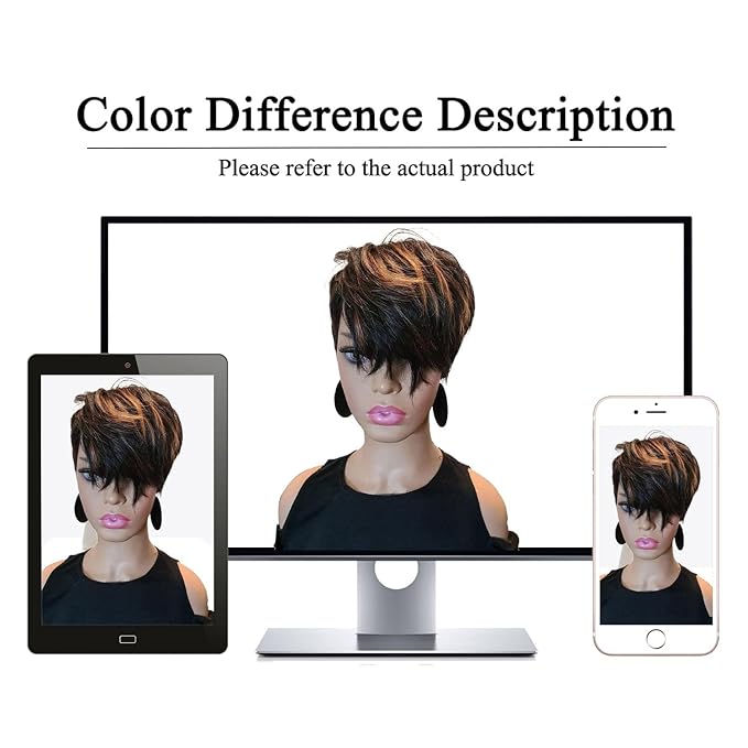 Short Pixie Cut Wig for Black Women Human Hair Nature looking Black Mixed Blonde Highlights Short Layered Side Part none lace front glueless Bob Cut Wig Brazilian Virgin Hair