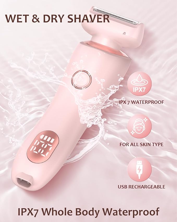 Electric Shaver for Women - Painless Lady Razor Facial Hair Remover 2-in-1 Wet and Dry Cordless Portable Bikini Trimmer for Face Armpit Legs Body - Rechargeable IPX7 Waterproof Hair Removal (Pink)
