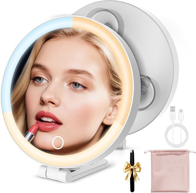 Travel Makeup Mirror with Lights, Lighted Magnifying Mirror 10X, 4-in-1 Portable for Handheld, Tabletop, Hanging and Wall Mount with Suction Cup and 3 Color Light, Ideal Gift for Women and Seniors
