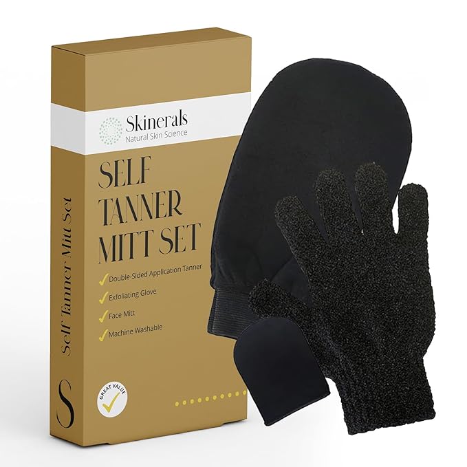 Skinerals Self Tanner Mitt Set, Ultra Soft Double-Sided Application Tanner, Exfoliating Glove and Face Mitt for the Most Even Tan, Tanning Mitt Applicator for Back and Body, Washable, 3 ct