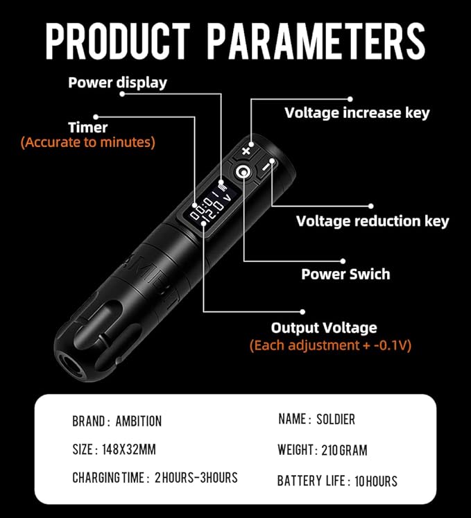 Ambition Soldier Rotary Battery Pen Tattoo Cartridge Machine with 2400mAh Power Japan Coreless Motor Digital LED Display Tattoo Equipment Supply for Professionals and Beginners Tattoo Artists