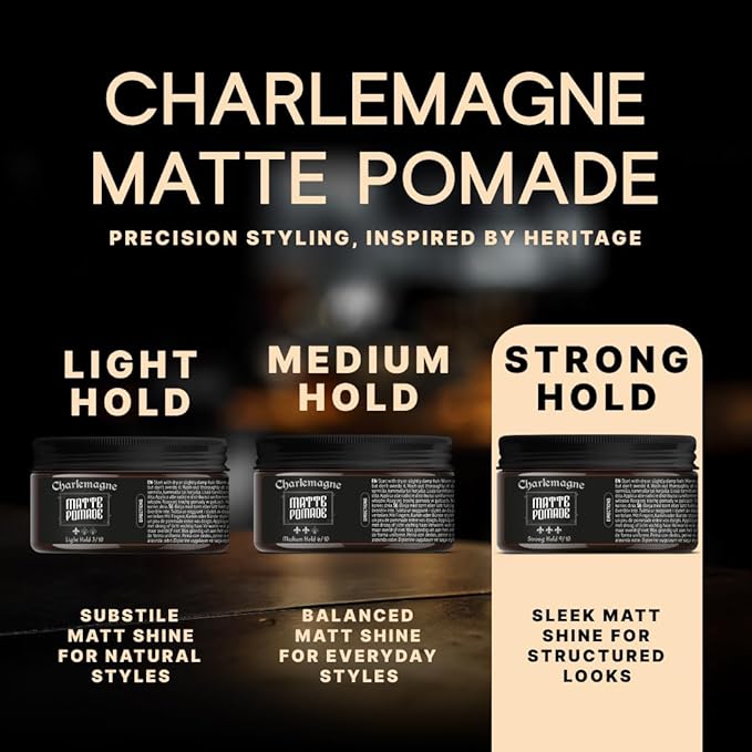 Charlemagne Matte Hair Pomade - Strong Hold, Noble Leather Scent, 3.3 fl oz - Hair Clay Blend & Pomade Men - Barber Scented Styling Cream - Easy Washout & Water Cream