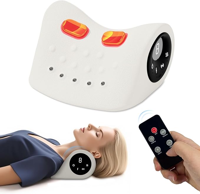 Neck Massager with Vibration Function, 3 Modes Neck and Shoulder Relaxer Pillow with Heat 26°Angle Cervical Traction Device, Massager with Heat for Pain Relief Deep Tissue