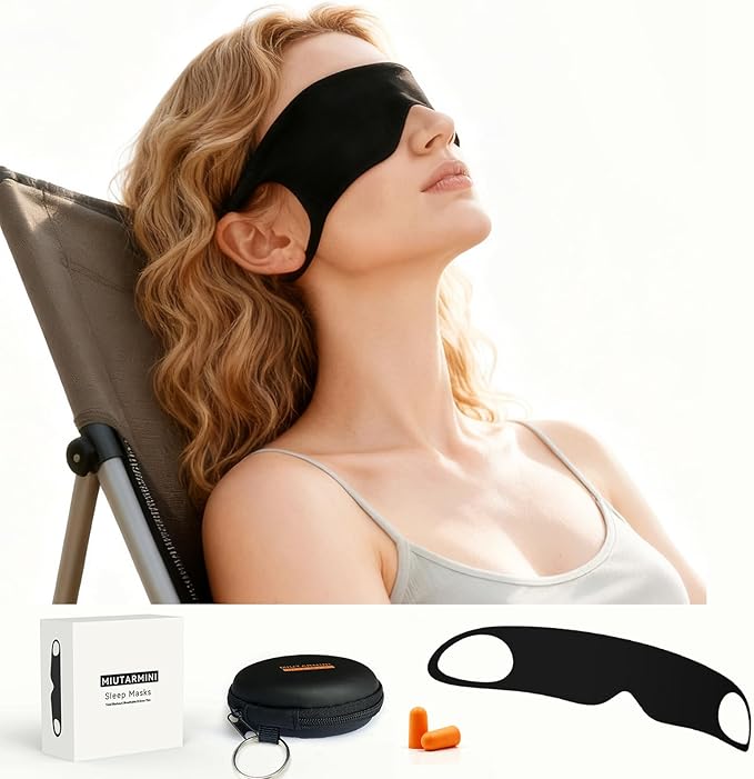 MIUTARMINI Ultra-Thin Sleep Mask for Travel & Outdoor, 0.3mm & 5g, Breathable Total Blackout Eye Mask, 99.7% Sun Blockout with Portable Leather-Feel Pouch for Beach, Camping, Flights & Office Nap