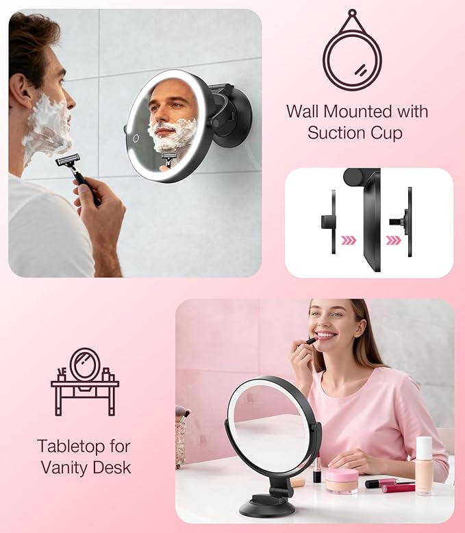 Benbilry Suction Cup Magnifying Mirror with Light 10X, Wall Mounted Makeup Mirror with Suction Cup for Bathroom, 3 Color Lights and Adjustable Brightness, 2 in 1 Tabletop for Desk - Black