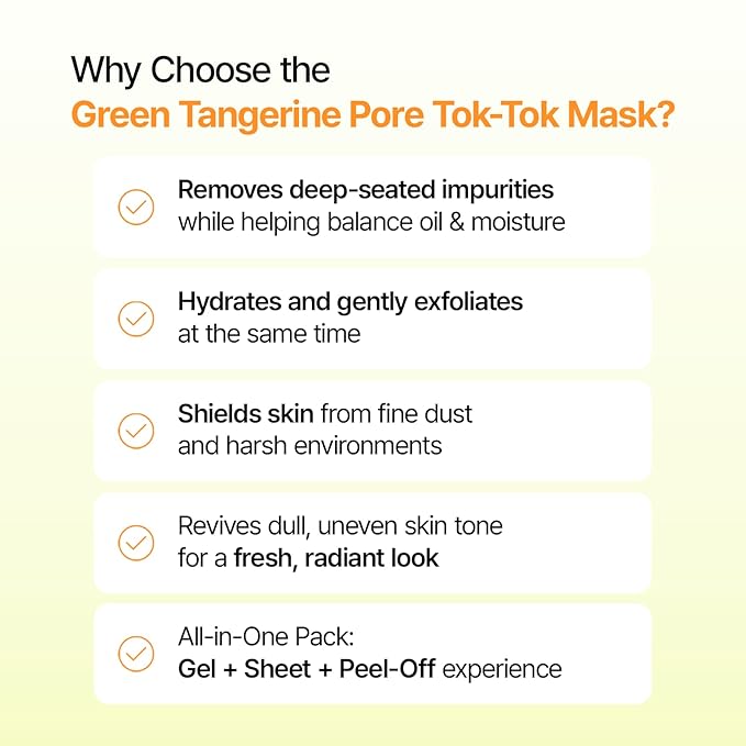 ClearDea Green Tangerine Pore Tok-Tok Sheet Mask (3-in-1 Bio-Cellulose Gel) (Eosidin Care) – Pore Care, Sebum Control, Collagen Peel Off Facial Skincare for Deep Cleansing & Smooth Skin, 4 Sheets