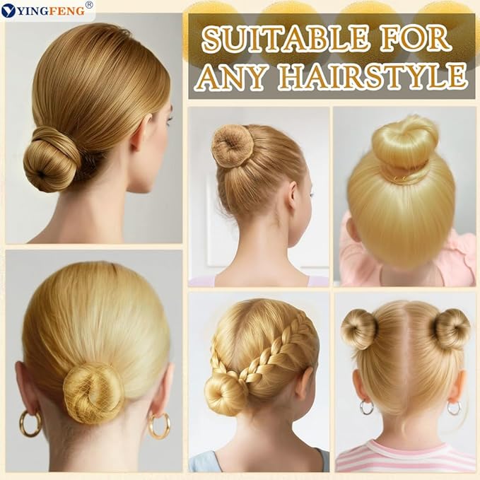 YINGFENG 134 Pcs Gold Hair Bun Maker Kit for Kids Small - 4 Hair Donuts for Buns, 20 Hair Nets for Buns, 100 U Shaped Bobby Pins, 10 Hair Bands, for Girls, Ballet Dance, Hair Accessories for Women