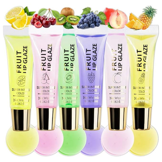 6 Pcs Summer Ultra-Hydrating Lip Gloss Set with Vitamin Oils | Fruit Flavored, High-Shine, Non-Sticky Lip Balm for Smooth, Hydrating & Nourished Lips, Birthday Christmas Gifts, Vegan & Cruelty-Free