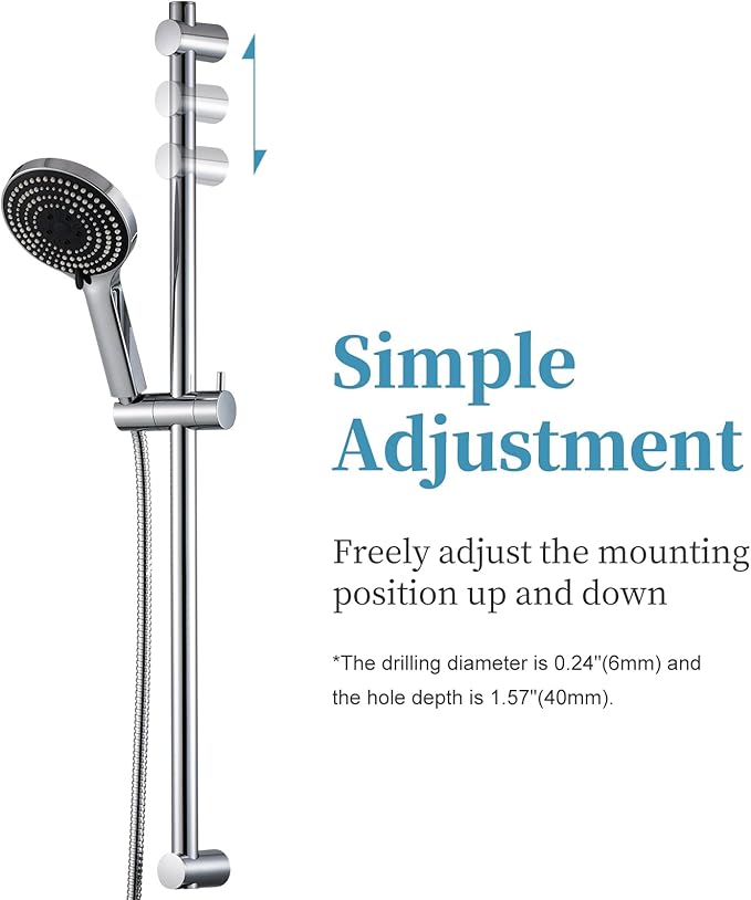 OFFO Shower Slide Bar Combo, Adjustable 33 in Slide Bar with 6-Mode High Pressure Handheld Shower Head and 60 in Stainless Steel Hose, Screw Wall Mounted, Chrome