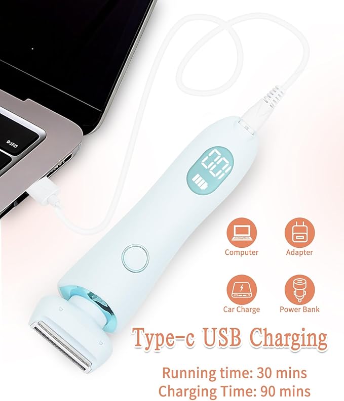 Bikini Trimmer for Women Electric Razors for Women, Double Head Dual Purpose, Waterproof Hair Razor, Ceramic Blade Hair Trimmer Wet & Dry Use, Painless Electric Shaver for Facial and Body (Blue)