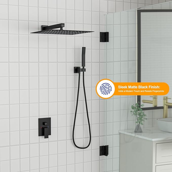 Dcolora Rainfall Shower System with Handheld, Matte Black Shower Faucet Set for Bathroom, Brass Valve, 304 Stainless Steel, Anti-Scald cUPC Certified(Matte Black, 16 Inch)