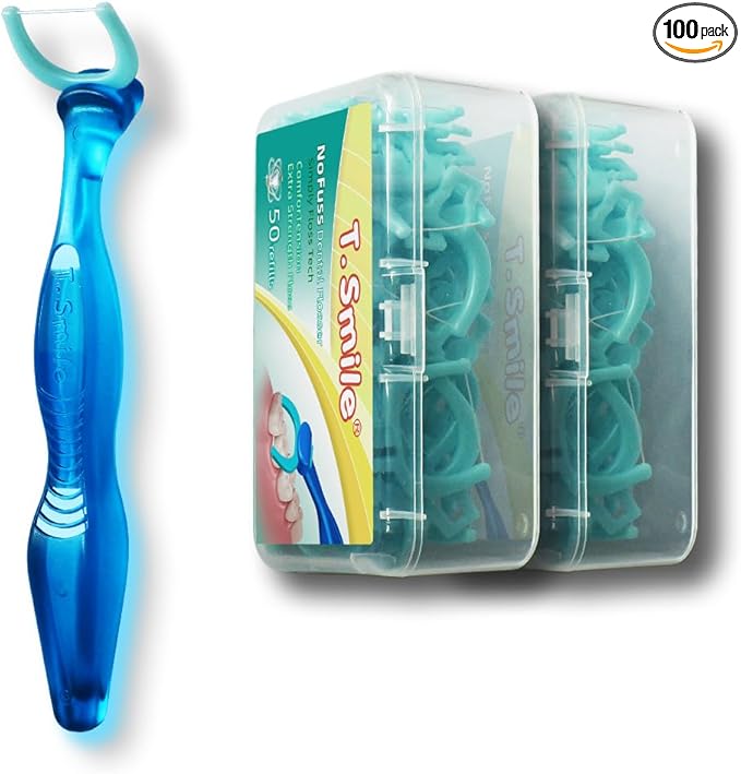 T.Smile NoFuss Dental Flosser Kit, 5-inch Long Handle & Refill Heads, Extra-Strength Floss for Comfortable Clean, Fluoride Free, (1 Blue Handle + 100 Extra-Strength Floss Refills)