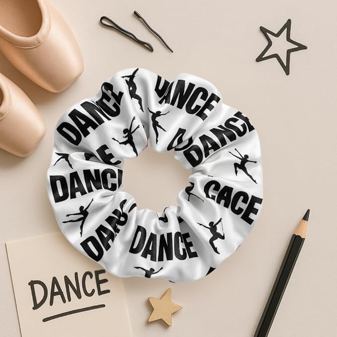 Dance Scrunchie – Soft Velvet Hair Tie with Dancer Print for Girls and Teams – Black and White Dance Accessory and Gift for Recitals, Competitions, Ballet, Jazz, or Cheer