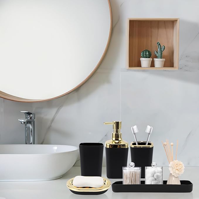 XLHOMO Bathroom Set - 22PC Black Bathroom Accessories Sets Complete with Black Ombre Shower Curtain,Trash Can,Toothbrush Holder,Toothbrush Cup,Soap Dispenser,Soap Dish,Toilet Brush,Tray,Qtip Holders