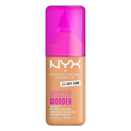 NYX PROFESSIONAL MAKEUP Make 'Em Wonder Liquid Foundation, 24HR Foundation Makeup With A Soft Matte Finish, Buildable Full Coverage - 13 Light Sand