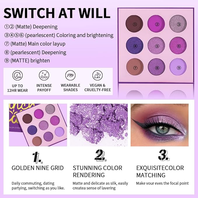 9-Color Purple Eyeshadow Palette–High Pigment Matte Shimmer Glitter Eyeshadow Palette in Magenta, Lavender, Lilac, Violet & Taupe,Long-Lasting Waterproof, Blendable for Creative & Everyday Looks