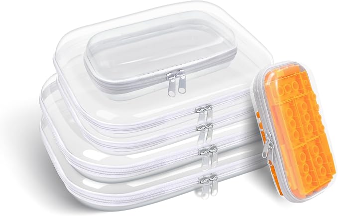 SXS LACONIC Clear Hard Plastic Zipper Case,Transparent Double Zippers Hard Pouch with 6pcs,Portable Travel Organizer Bin for Toy Storage