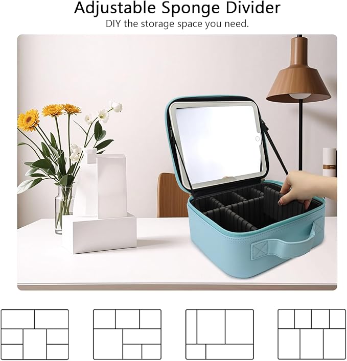 SLUMAZI Travel Makeup Bag with LED Mirror Travel Makeup Organizer with 3 Lighted Settings, Adjustable Dividers and Makeup Brush Storage Bag Light Blue