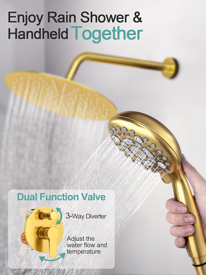 SR SUN RISE 12 Inch Brushed Gold Shower System, Wall-Mount Adjustable 16-Inch Slide Bar with 6-Function Hand Shower Faucet Included Valve and Trim Kit