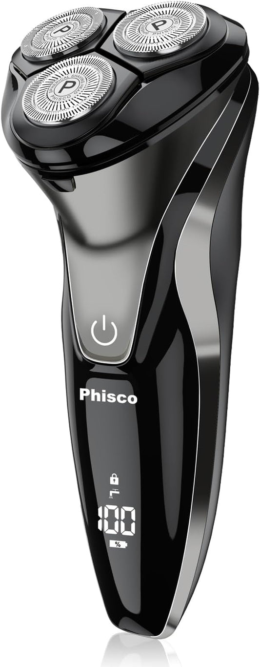 Electric Razor for Men - Phisco Electric Shavers for Man Face, USB Rechargeable, Waterproof Wet Dry Razors with Pop-Up Trimmer, LED Display, Travel Lock