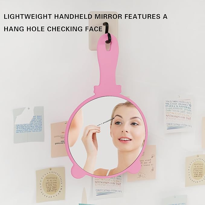Hand Mirror 2 Pcs, Portable Hand Mirrors with Handle, See Back of Head Haircut Personal Handheld Mirror, Travel Small Makeup Lash Mirror, Mirrors for Women (Pink, 5.91" L x 9.84" W (Round))