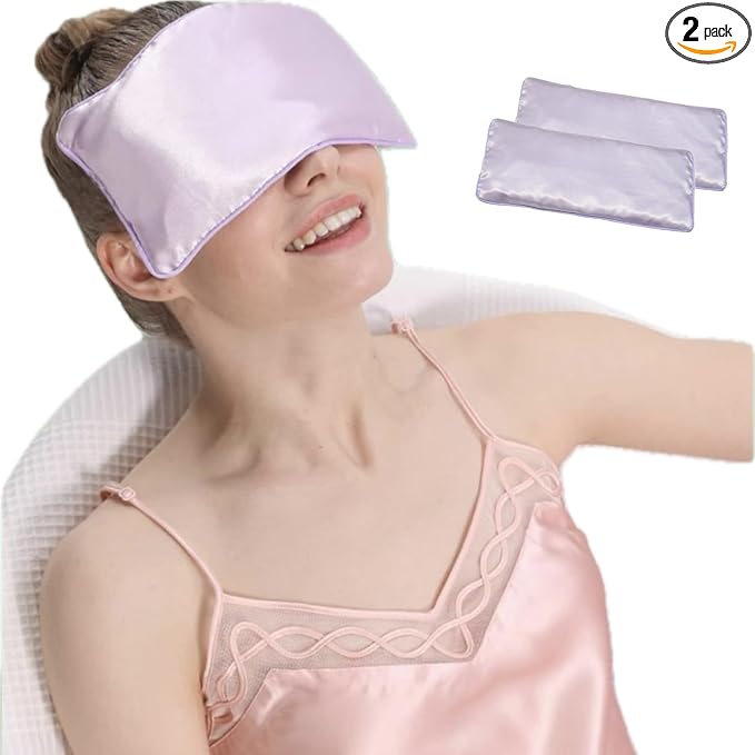 SereLune Lavender Eye Pillow, Hot or Cold Weighted Satin Eye Mask, Microwaveable Moist Heat Eye Compress, Washable Eye Pillow for Sleeping, Yoga, Meditation, Migraine Relief, Pack of 2(Lavender)