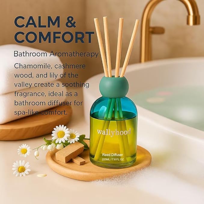 Reed Diffuser Set 7.6 fl oz (225ml) – Extended Flameless Home Fragrance for Bathroom, Bedroom & Living Room – Yellow Green Gradient Glass Decorative Reed Diffuser, Pet Friendly, Gift Ready