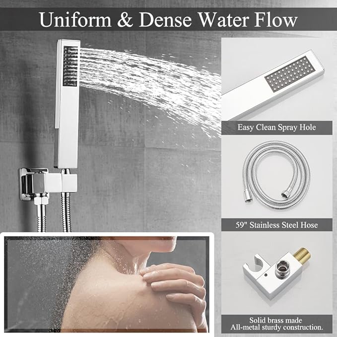 YCAIKOI Shower Faucet Set 16 Inch Wall Mount Rain Shower System, All Metal Shower Fixtures - Polished Chrome