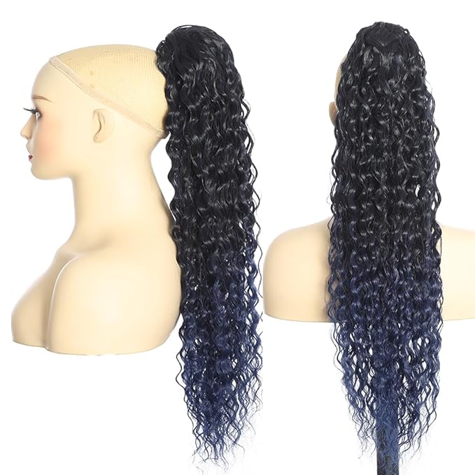 Deep Wave Ponytail Extension for Women 24 Inch Curly Wavy Ponytail Hair Extensions Drawstring Ponytail with Clips Long Synthetic Hairpiece for Daily and Party (1B/Dark Blue&1B/Red)