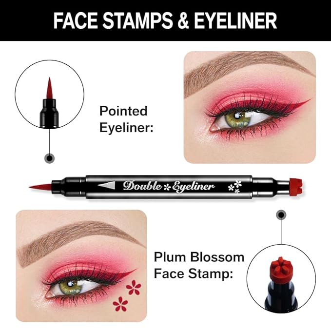 BINGBRUSH Double-head Liquid Star Eyeliner Red Stamp Pencil, Colors Flowers Heart Moon Shapes Face Stamps Makeup Colorful Waterproof Slim Gel Felt Tip High Pigment Liquid Eyeliner (12#Flower&Red)