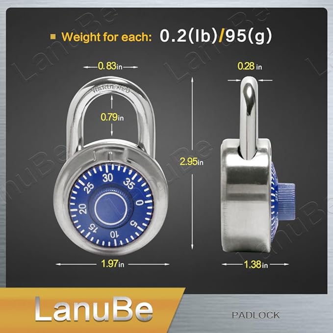 LanuBe Standard Dial Combination Lock, 2 in. Wide, with Different Combinations, Blue Turnplate, Pack of 60; Lock for School, Employee, Gym Sports Locker, Case, Toolbox, and so on
