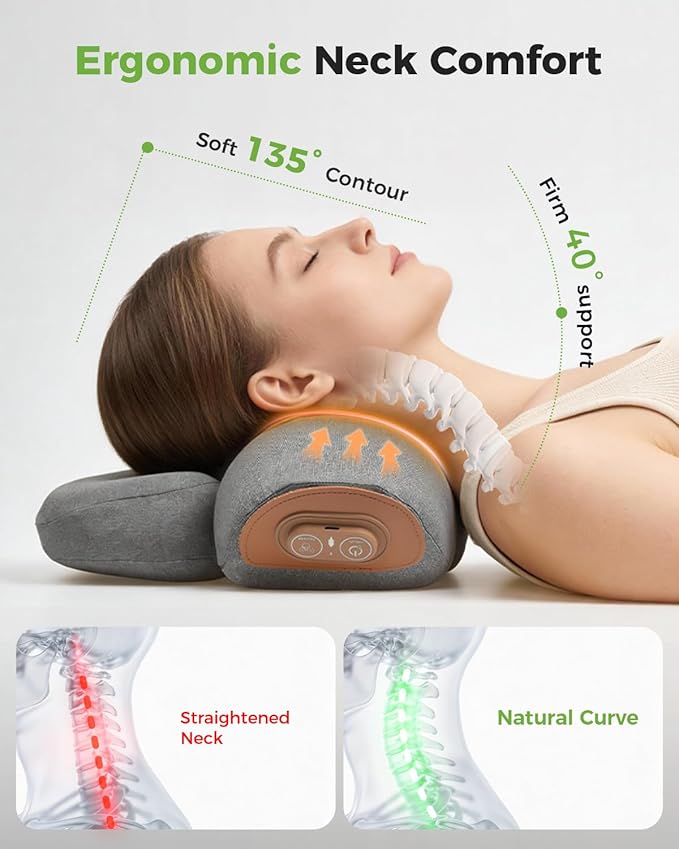 3-in-1 Neck Massager for Pain Relief Deep Tissue with Heat, Portable Memory Foam Cervical Massager Pillow with Traction for Neck Hump Comfort & Shoulder Relaxation at Home/Office/Travel (Corded)