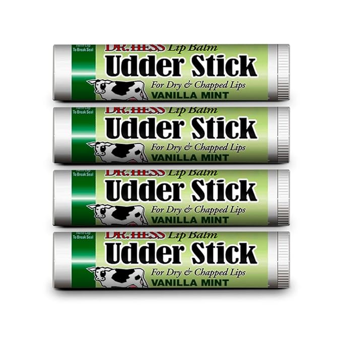 Dr. Hess Original Udder Stick SPF Lip Balm, Soothing Moisturizer Sun Screen Balm for Dry Lips with Jojoba, Beeswax & Shea Butter, Total Lip Care, Hydration & Repair, Mint Flavor, 4 Pack