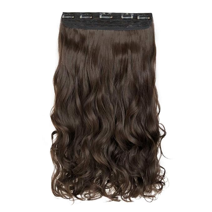 REECHO 24" 1-pack 3/4 Full Head Curly Wave Clips in on Synthetic Hair Extensions HE008 Hair pieces for Women 5 Clips 4.5 Oz Per Piece - Dark Chocolate Brown
