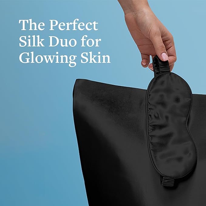 Silver Mirror Silk Sleep Essentials Set in Black: Pillowcase and Eye Mask, 25" x 19.5" Fits Standard Queen Pillow, 22mm 6A Grade, for Gentle Sleep, Anti-Breakage, Tangles, Creases, and Wrinkles