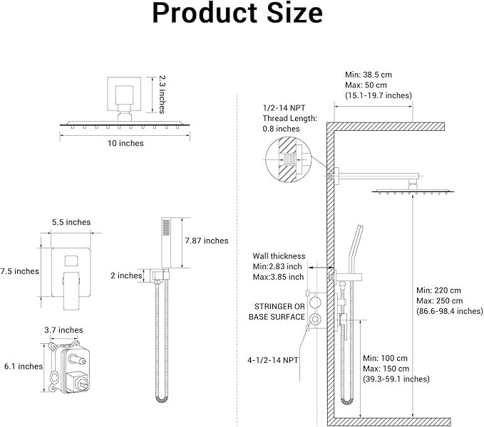 IUERASD Shower Faucet set with Shower head, Wall Mount 10 Inch Square Rainfall Shower Head and Handle Set Single Handle Shower System Set with Female Threads Valve Body and Trim Included (Chrome)