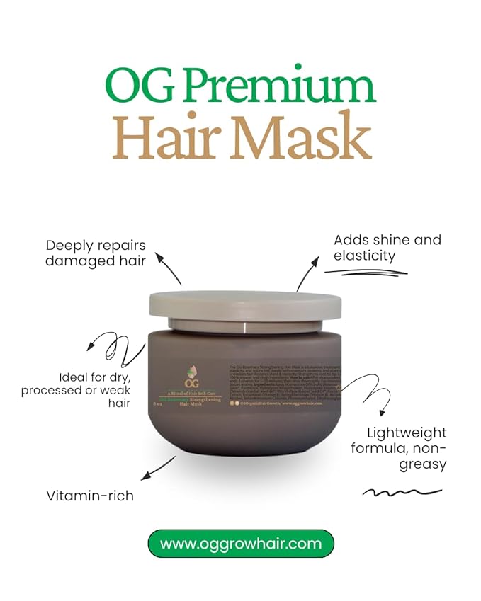OG Premium Rosemary Strengthening Hair Mask, 8 oz, Vitamin-Rich Formula for Dry and Damaged Hair, Lightweight Non-Greasy Treatment, Adds Shine and Elasticity