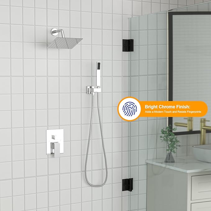 Dcolora 8 In. Rainfall Shower System with Handheld, Chrome Shower Faucet Set for Bathroom, Brass Valve, 304 Stainless Steel, Anti-Scald cUPC Certified (Polished Chrome, 8 Inch)