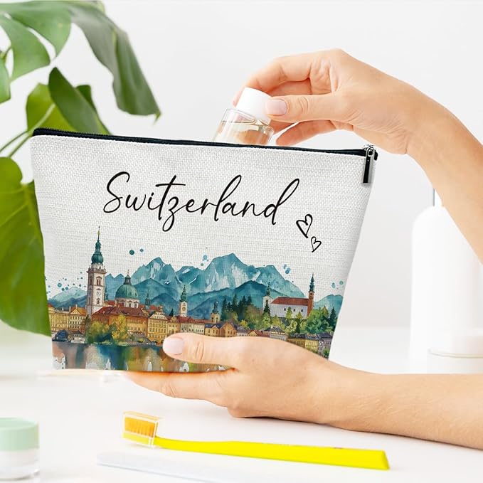 Ythuil Switzerland Trip Gifts Makeup Bag, City Travel Cosmetic Bag for Purse, Watercolor Gifts, Switzerland Souvenir, Trip Favors for Traveller Lovers, City Themed Organizer