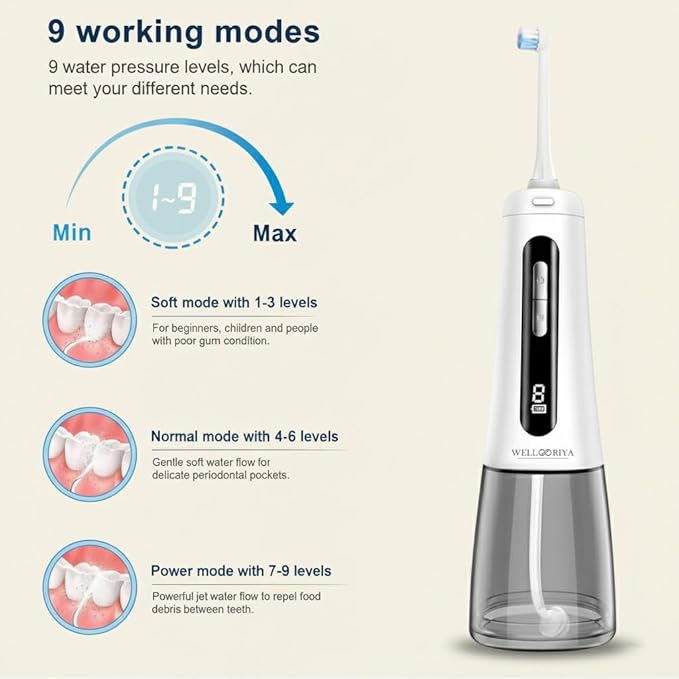 Wellooriya Cordless Water Flosser for Teeth – 300mL Large Tank, 9 Pressure Levels, LED Display, USB-C Rechargeable, IPX7 Waterproof Dental Oral Irrigator for Home & Travel (White)