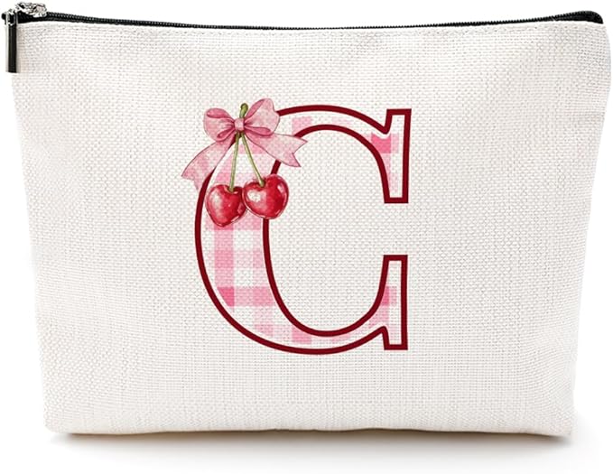 CQM Initial Makeup Bag Monogram Cosmetic Bag Monogrammed Gifts for Women Girls Friends Coworker Sisters Personalized Travel Toiletry Bag Christmas Bridal Shower Wedding Bridesmaid Gifts, Cherry C