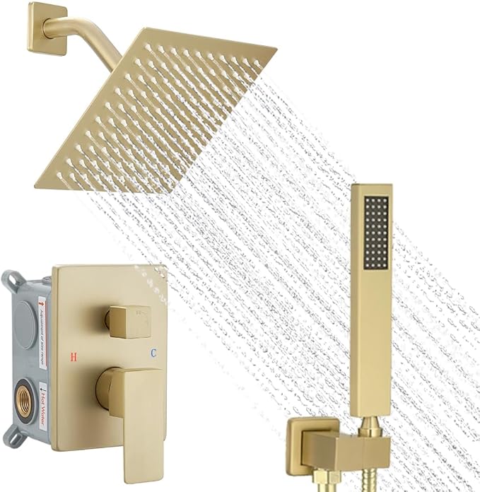 YCAIKOI Brushed Gold Shower System, 8 Inch High Pressure Rain Shower with Handheld, Wall Mount Shower Faucet Set for Bathroom, Rough-in Valve Body and Trim Included