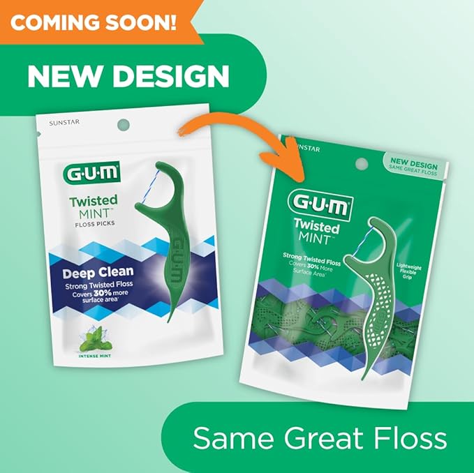 GUM Twisted Mint Floss Picks - Twisted Threads, Shred-Resistant Floss, Easy Grip Handle, 90 Count (Pack of 3)