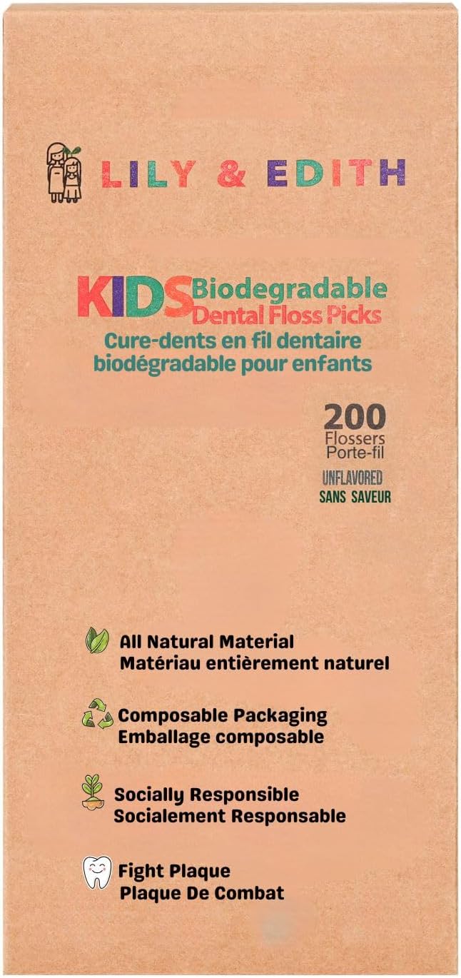 LILY & EDITH Kids Biodegradable Dental Floss Picks 200 Counts, Fluoride Free, Plant Based Material, Fun Animal Flossing Sticks, Ultra Sturdy Thread, Zero Waste Package (Unflavored)