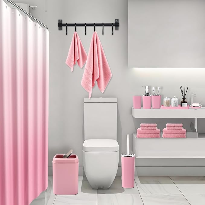 XLHOMO Pink Bathroom Accessories, 24 Pieces Pink Bathroom Accessories Set with Shower Curtain, Bath Towels, Trash Can, Soap Dispenser and Soap Dish for Bathroom/Housewarming