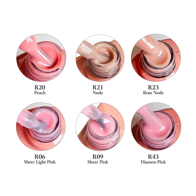FZANEST Rubber Base Gel Polish, 6pcs*7.5ml Builder Gel Jelly Sheer Natrual Nude Pink in a Bottle UV Gel Polish Kit, Structure Quick Extension Gel