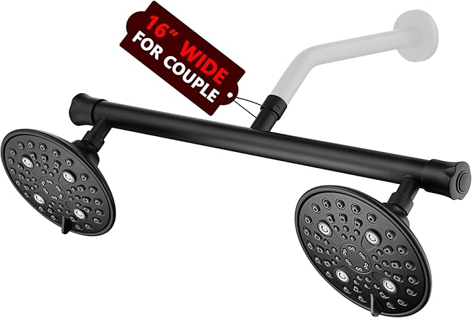 sumerain Matte Black Dual Shower Head Set with 20" Long Shower Arm,Enjoy High Pressure 6 Setting Rain Shower Separately or Together