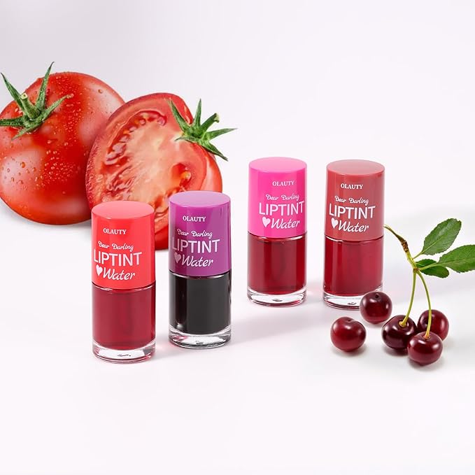 Lip Tint Stain Set, Korean Lip Tint Glossy Lip Stain Plumping Mini Liquid Lipstick, Multi-use Lip and Cheek Tint, Long-Wear Lip Stain Non-Stick Cup Smudge-proof & Lightweight Lip Tint (Strawberry)